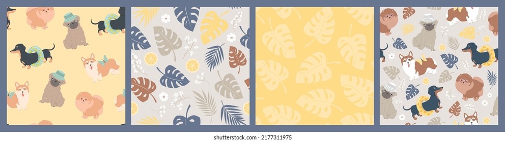 Set of seamless vector patterns of different dogs, lemons, watermelons, leaves, flowers and monstera. Summer simple light illustrations.