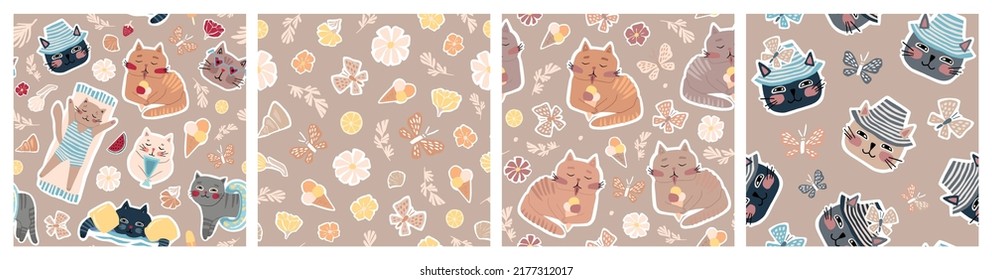 Set of seamless vector patterns of different cats, leaves, flowers. Summer simple light illustration.