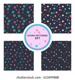 Set of seamless vector patterns with different stars. Vector illustration. Background for dress, manufacturing, wallpapers, prints, gift wrap and scrapbook. 
