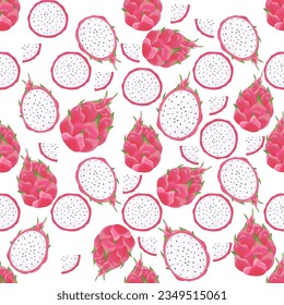 Set of seamless vector patterns with dragon fruit. Half-cut style. Cute design. Modern bright colors for paper, fabric, and interior decoration. background wallpaper and other users.