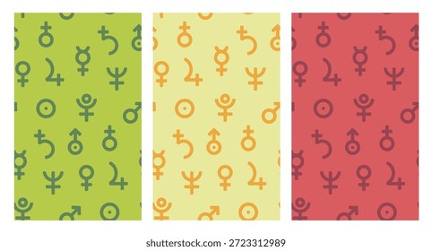 Conjunto de padrões vetoriais sem emenda com símbolos estilizados astrológicos e relacionados ao gênero dispostos em um layout limpo e repetitivo. A coleção é apresentada em três variações de cores harmoniosas: verde, amarelo e vermelho, cada um criando um humor distinto, mantendo um estilo visual coeso. Formas geométricas planas, contrastes suaves e espaçamento balanceado dão a esses padrões uma aparência moderna e versátil.

Esses fundos abstratos são ideais para uma ampla gama de aplicações criativas, incluindo design têxtil e de tecido, papel de embrulho, papelaria, cartazes, fundos web, gráficos de mídia social, materiais de marca e embalagem. Os motivos simbólicos evocam temas de astrologia, identidade, equilíbrio e diversidade, tornando os projetos adequados para projetos contemporâneos, de estilo de vida, espirituais ou conceituais.

A estrutura perfeita permite fácil dimensionamento e repetição sem bordas visíveis, garantindo resultados profissionais em uso digital e de impressão. Perfeito para designers que procuram padrões decorativos ousados, mas mínimos, com significado simbólico e esquemas de cores vibrantes.
