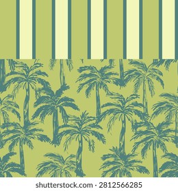 Set of seamless vector patterns featuring hand drawn ink sketch palm trees and matching vertical stripes. Retro seventies style summer design in a vintage pastel palette of lime green, cream, and teal blue. This matching coordinates kit is perfect for resort fashion, swimwear, beach textiles, and holiday apparel.