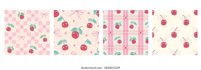 A set of seamless vector patterns featuring kawaii-style red cherries with charming faces.