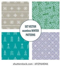 Set of seamless vector patterns with fir-trees, snowflakes. seasonal winter background with cute hand drawn fir trees Graphic illustration. Series of winter seamless vector patterns.