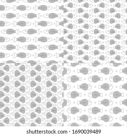 Set of seamless vector patterns with fish skeletons. Black and white vector backgrounds.