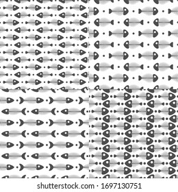 Set of seamless vector patterns with fish skeletons. Black and white vector backgrounds.