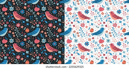 A set of seamless vector patterns with flowers and birds in a flat style on a white and dark background. Retro-style ornament with birds and abstract flowers for textiles