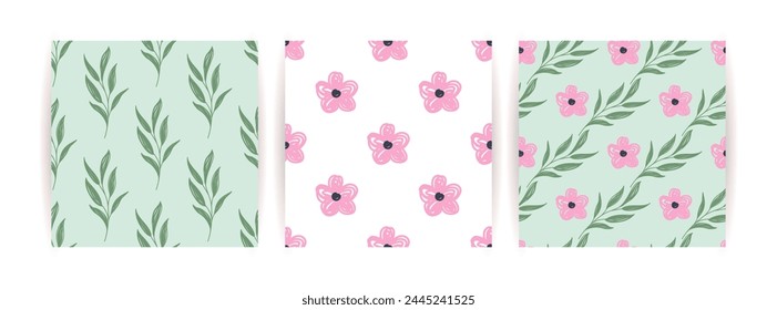 Set of seamless vector patterns of flowers and branches, design for wallpaper, coverings, fabric.