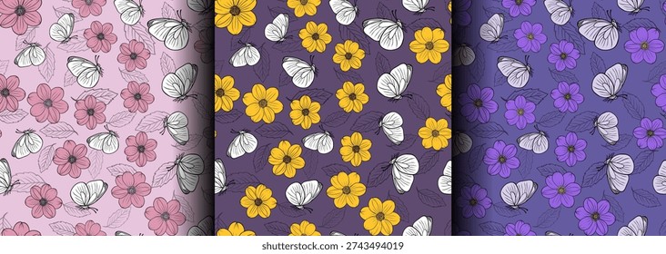 Set of seamless vector patterns with flowers and butterflies. For printing on fabric, wallpaper, wrapping paper. Vector summer background.