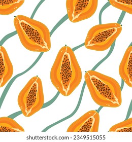 Set of seamless vector patterns with fruits, vegetables, papayas, and cute half-cut designs. Modern bright colors for cover paper, interior fabrics, backgrounds, and other users.