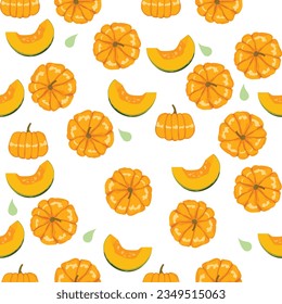Set of seamless vector patterns with fruits and vegetables cute pumpkin design Modern bright colors for cover paper, interior fabrics, backgrounds and other users.
