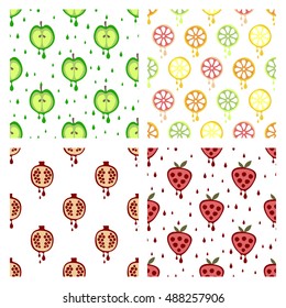 Set of seamless vector patterns with fruits. Different backgrounds with strawberry, apple, orange, pomegranate. Graphic vector illustration Series of Fruits and Vegetables Seamless vector Patterns.