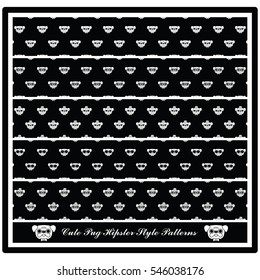Set of Seamless Vector Patterns with Funny Pug in Hipster Style for Background and Decoration, Black and White Color