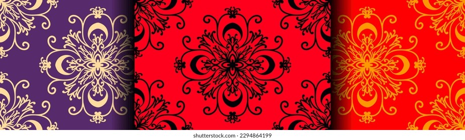 Set of seamless vector patterns, geometric ornament, ethnic motif. Bright background. For printing on wallpaper, fabric, wrapping paper