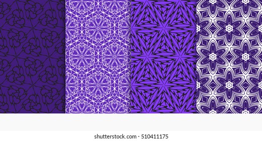 Set of seamless vector patterns. Geometric floral pattern of lines and shapes. Modern design for backgrounds, wallpaper, invitations. Blue color
