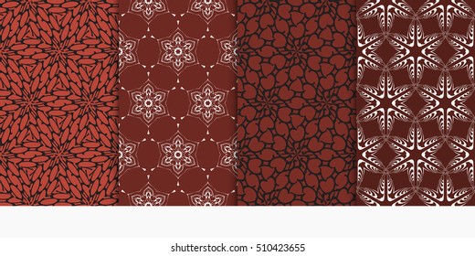 Set of seamless vector patterns. Geometric floral pattern of lines and shapes. Modern design for backgrounds, wallpaper, invitations. Red color