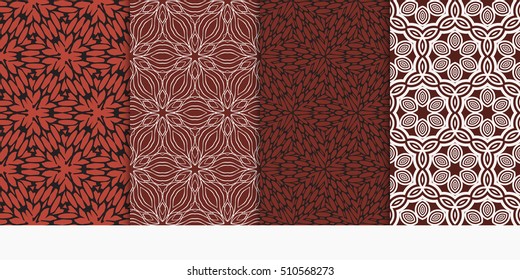 Set of seamless vector patterns. Geometric floral pattern of lines and shapes. Modern design for backgrounds, wallpaper, invitations. Red color