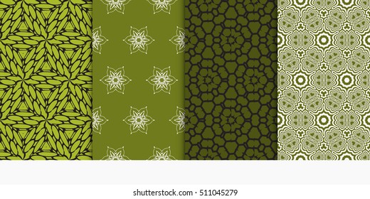 Set of seamless vector patterns. Geometric floral pattern of lines and shapes. Modern design for backgrounds, wallpaper, invitations. green color