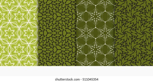 Set of seamless vector patterns. Geometric floral pattern of lines and shapes. Modern design for backgrounds, wallpaper, invitations. green color