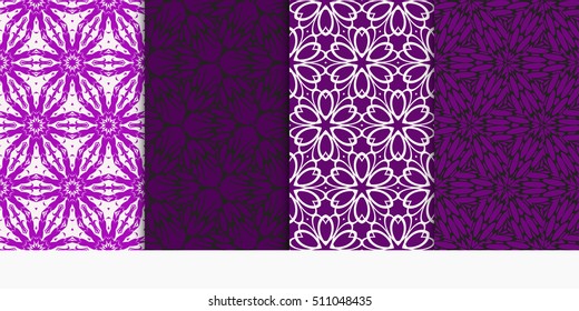 Set of seamless vector patterns. Geometric floral pattern of lines and shapes. Modern design for backgrounds, wallpaper, invitations. purple color
