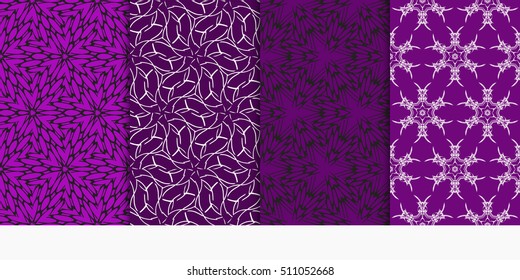 Set of seamless vector patterns. Geometric floral pattern of lines and shapes. Modern design for backgrounds, wallpaper, invitations. purple color