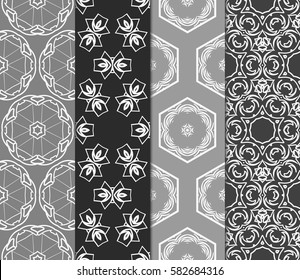 Set of seamless vector patterns. Geometric floral pattern of lines and shapes. Modern design for backgrounds, wallpaper, invitations.