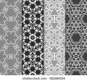 Set of seamless vector patterns. Geometric floral pattern of lines and shapes. Modern design for backgrounds, wallpaper, invitations.