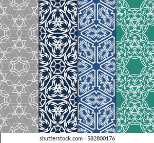 Set of seamless vector patterns. Geometric floral pattern of lines and shapes. Modern design for backgrounds, wallpaper, invitations.