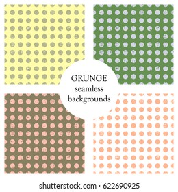 Set of seamless vector patterns. Geometric polka backgrounds with circles. Grunge texture with attrition, cracks and ambrosia. Old style vintage design. Graphic illustration.
