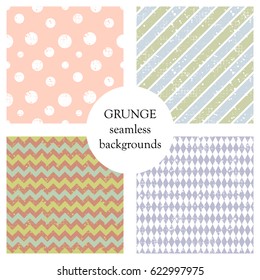 Set of seamless vector patterns. Geometric backgrounds withcircles, rhombus, crancle, diagonal lines. Grunge texture with attrition, cracks and ambrosia. Old style vintage design.
