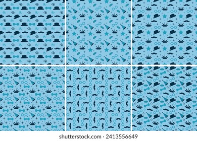 Set of seamless vector patterns with glasses, bowler hat, mustache, bow tie and smoking pipe. Decorative flat masquerade elements. Gentleman hipster fashionable vintage accessories on blue background