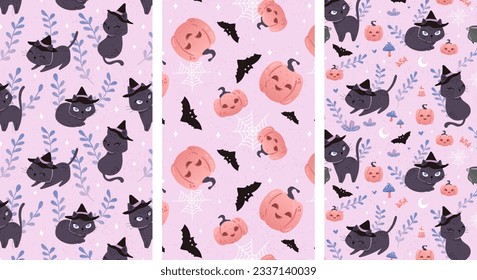 Set of seamless vector patterns - halloween cute cats and pumpkin, wallpaper, packaging, leaves, bat, kawaii 