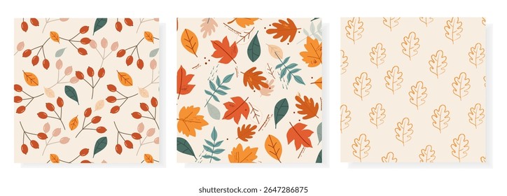 Set of seamless vector patterns with hand drawn autumn leaves and branches in warm earthy tones on beige background. Perfect for fabric prints, wrapping paper, seasonal branding, fall decor projects.