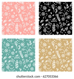 Set of seamless vector patterns, hand drawn background with flowers, branch, leaves, dots. Hand sketch drawing. Doodle funny style. Series of Hand Drawn seamless childish Patterns.