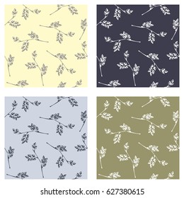 Set of seamless vector patterns, hand drawn backgrounds with branch and leaves. Hand sketch drawing. Doodle style. Series of Hand Drawn Patterns.