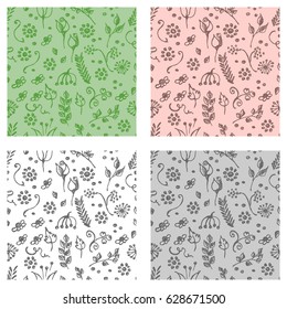 Set of seamless vector patterns, hand drawn background with flowers, branch, leaves, dots. Hand sketch drawing. Doodle funny style. Series of Hand Drawn seamless childish Patterns.