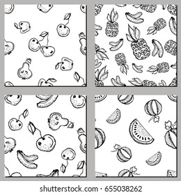 Set of seamless vector patterns. Hand drawn black and white fruits illustration of watermelon, banana, pineapple, cherry, pear, on the white background. Line drawing,