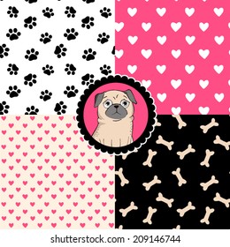 Set of seamless vector patterns with hearts, bones and pug marks.