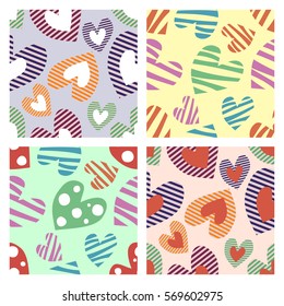 Set of seamless vector patterns with hearts. Backgrounds with colorful hand drawn ornamental symbols. Decorative repeating ornament. Series of Love Seamless vector Patterns. 