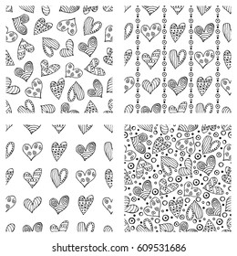 Set of seamless vector patterns with hearts. Background with hand drawn ornamental symbols and decorative elements. Decorative repeating ornament. Graphic illustration.