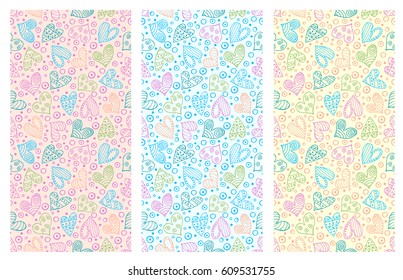 Set of seamless vector patterns with hearts. Background with hand drawn ornamental symbols and decorative elements. Decorative repeating ornament. Graphic illustration.
