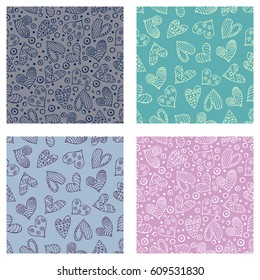 Set of seamless vector patterns with hearts. Background with hand drawn ornamental symbols and decorative elements. Decorative repeating ornament. Graphic illustration.