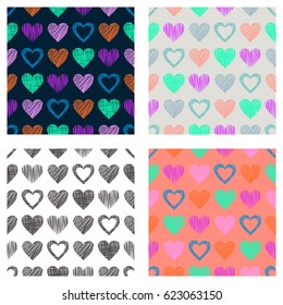 Set of seamless vector patterns with hearts. endless symmetrical backgrounds with hand drawn textured figures. Graphic illustration Template for wrapping, web backgrounds, wallpaper, cover, print