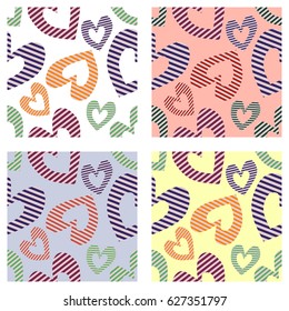 Set of seamless vector patterns with hearts. Background with hand drawn ornamental symbols. Template for wrapping, decor, surface, cards, backgrounds, textile, print. Decorative repeat ornament.