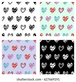 Set of seamless vector patterns with hearts. Background with hand drawn ornamental symbols. Template for wrapping, decor, surface, cards, backgrounds, textile, print. Decorative repeat ornament.