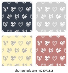 Set of seamless vector patterns with hearts. Background with hand drawn ornamental symbols. Template for wrapping, decor, surface, cards, backgrounds, textile, print. Decorative repeat ornament.