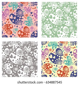 Set of seamless vector patterns with hearts. Background with hand drawn ornamental symbols. Template for wrapping, decor, surface, cards, backgrounds, textile, print. Decorative repeat ornament.