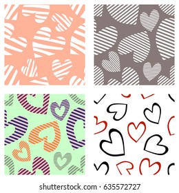 Set of seamless vector patterns with hearts. Background with hand drawn ornamental symbols. Template for wrapping, decor, surface, cards, backgrounds, textile, print. Decorative repeat ornament.
