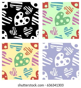 Set of seamless vector patterns with hearts. Background with hand drawn ornamental symbols. Template for wrapping, decor, surface, cards, backgrounds, textile, print. Decorative repeat ornament.