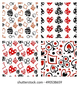 Set of seamless vector patterns with icons of playings cards. Colorful backgrounds with hand drawn symbols. Decorative repeating ornament. Series of Gaming and Gambling Seamless vector Patterns. 